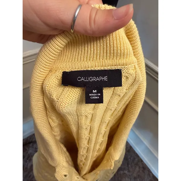 NWT Calligraphie Yellow Cable Knit Floral Embroidered Sweater Polo Top Cottage - Image 7