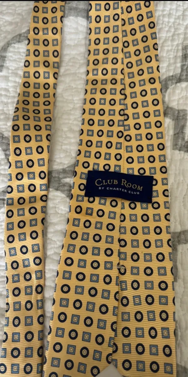 Club Room Gold/Blue Geometric Abstract Men’s Designer Tie w/ Logo Accent - Image 2