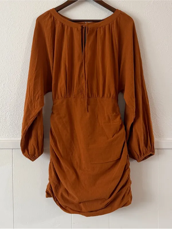 Free People The Only One Mini Dress M Rust Orange Ruched Open Back Boho - Image 3