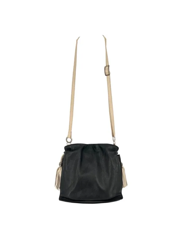Brighton Boho Western Bucket Slouch Bag Leather Black White Tassel Silver Charms - Image 2
