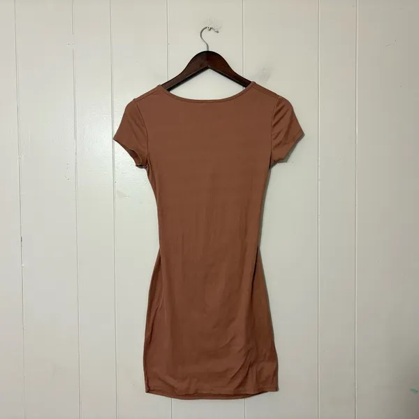 See You Monday Brown Cutout Mini Dress Womens L Ruched Bodycon Ribbed - Image 4