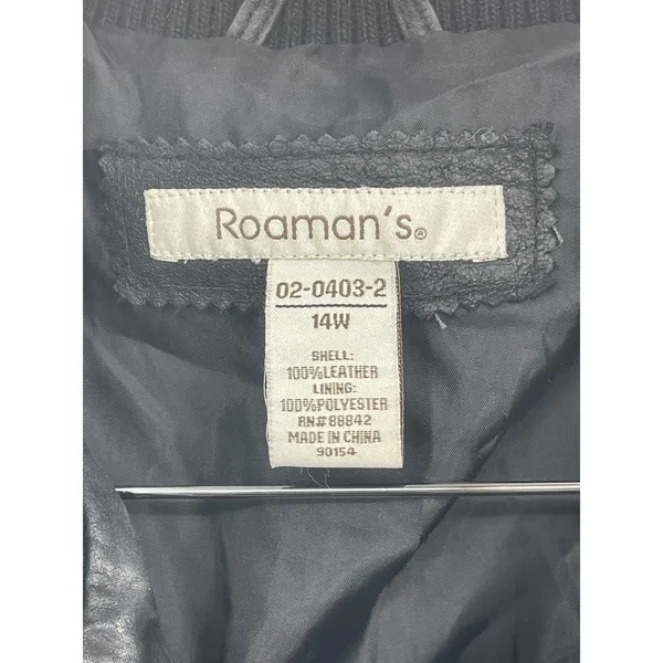 Roaman's Black Leather Bomber Jacket Full Zip Pocket Lined Size‎ 14W - Image 2