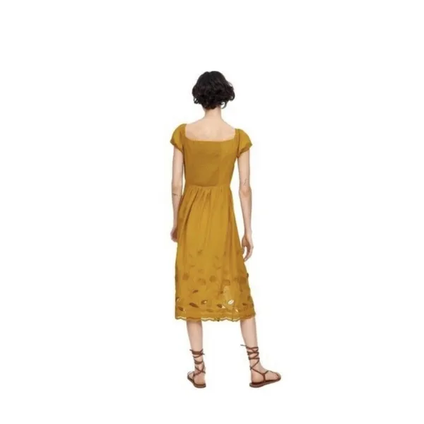 Zara Midi Dress Women’s Size Small Mustard Yellow‎ Smocked Embroidered tie front - Image 3
