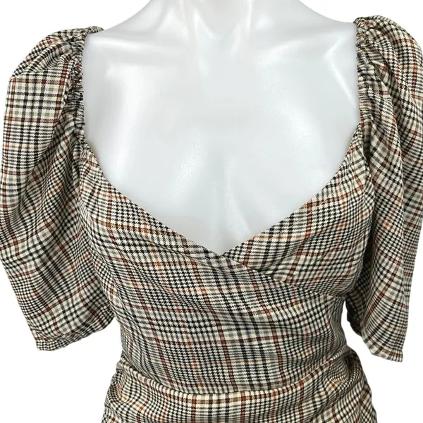 NEW Missguided Brown Checkered Plaid Puff Sleeve Ruched Mini Bodycon Dress Sz 4 - Image 3