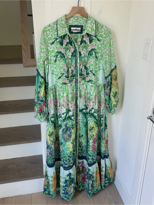 By Anthropologie Long-Sleeve Printed Maxi Shirt Dress in Green - Image 4