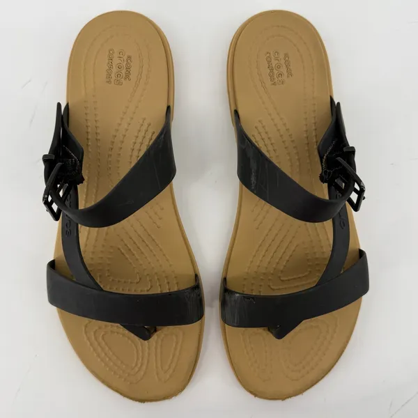 Crocs Tulum Toe Post Sandal Black Tan Women 7 Strappy Slip On Flip Flop Buckle - Image 3