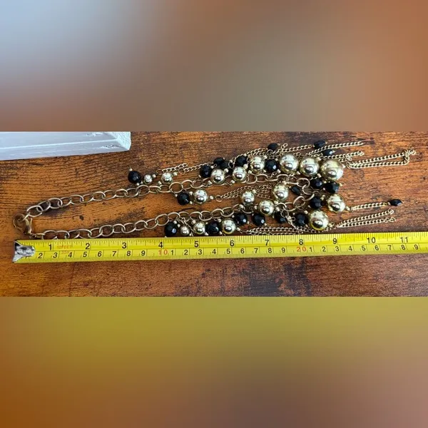 Gold-Tone Black Beaded Fringe Bib Statement Necklace – Chunky Chain - Image 6