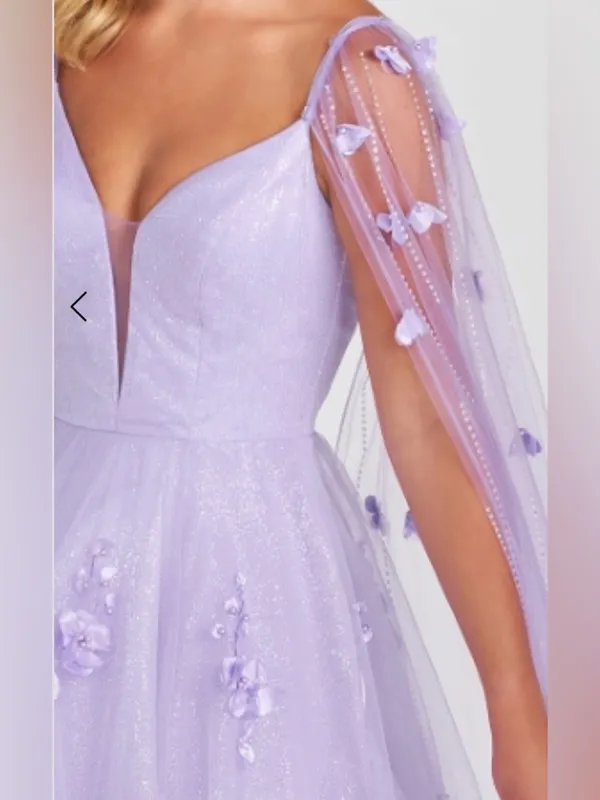 Ellie Wilde Lilac Embroidered Lace‎ Organza Sparkly Prom Dress w/Cape Sleeves 6 - Image 2