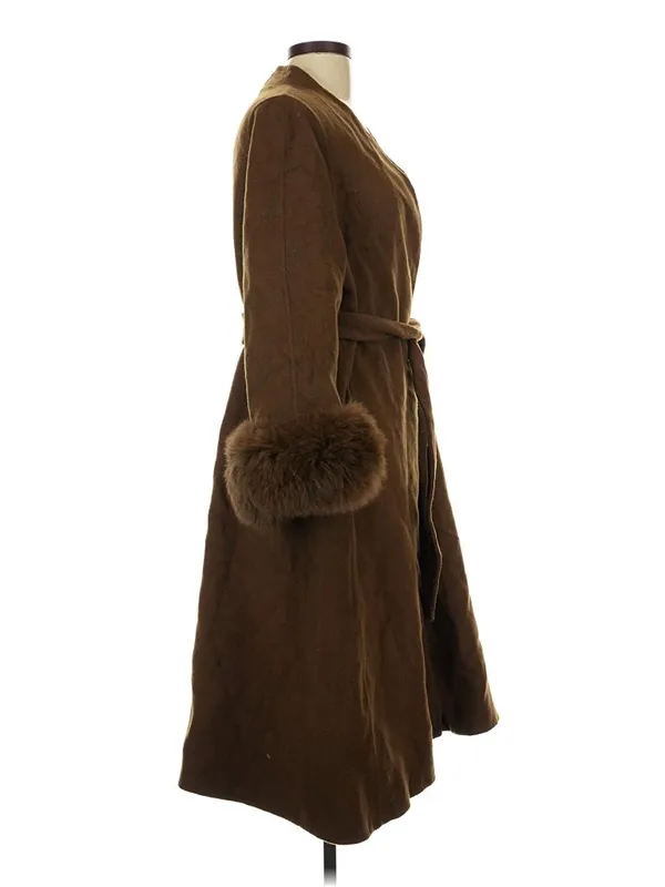 Source Unknown Women’s Brown Wool-Feel Belted Maxi Coat Faux Fur Cuffs Size L - Image 2
