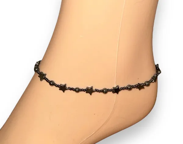 Vintage Hematite Star Bead Anklet Black - Image 2