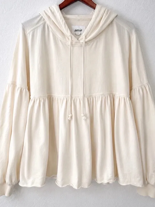 NWT Aerie Peplum Hoodie medium Ivory Oversized 100% Cotton Balloon Sleeve - Image 2