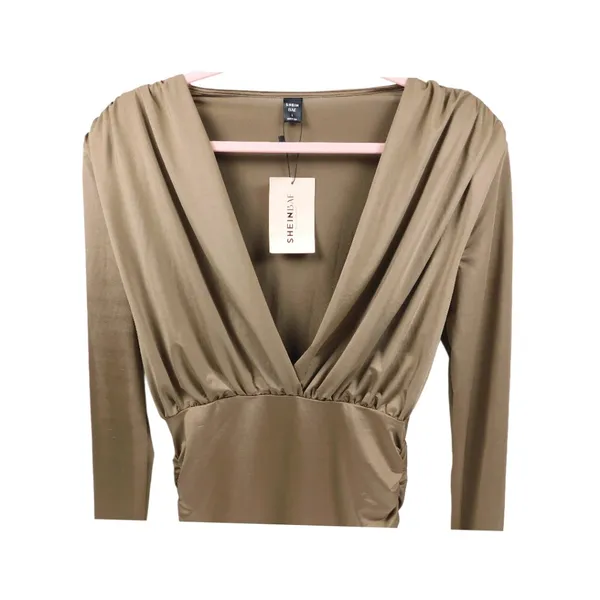 SHEIN BAE Long Sleeve Ruched Deep‎ V Midi Dress – Size L – Tan/Khaki - Image 2