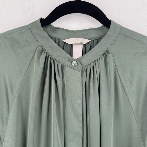 H&M Sage Green Belted Shirt Dress XL Long Sleeve Flowy Mini Tunic Quiet Luxury - Image 3