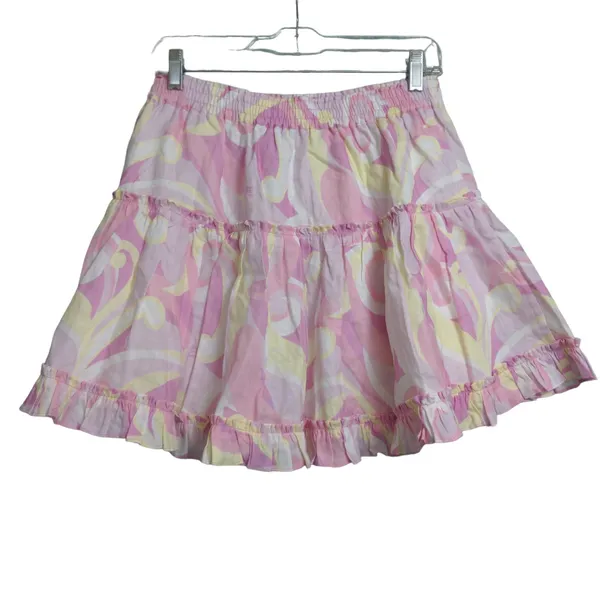 Hill House The Paz Skirt Mini Candy Kaleidoscope Pink Linen Ruffle L New - Image 5