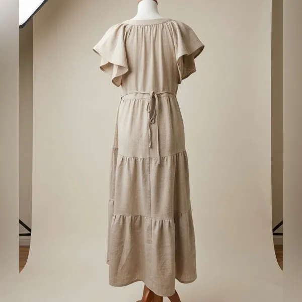 Emma & Michele Oatmeal Boho Tiered Maxi Dress V-Neck, Flutter Sleeve, Size Small - Image 2