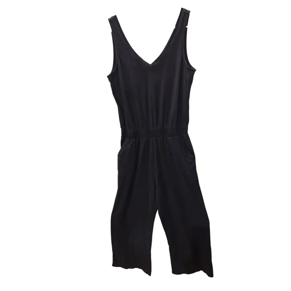 Pact Jumpsuit Medium Black Organic Cotton V-Neck Sleeveless Casual‎ Minimalist - Image 4