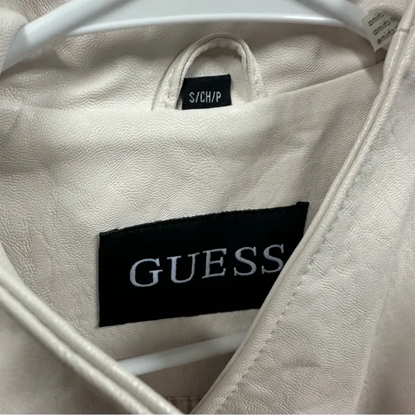 Guess Pink White Faux Leather Moto Jacket Gold Exposed Zipper Womens Small - Image 15