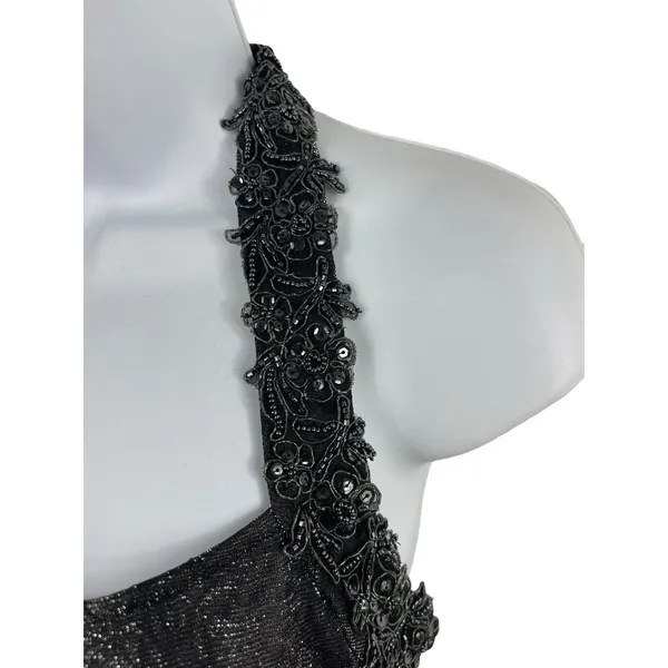 VTG 90s Niki Livas Black Silver Shimmer Halter Beaded Formal Evening Dress 6 Y2K - Image 4