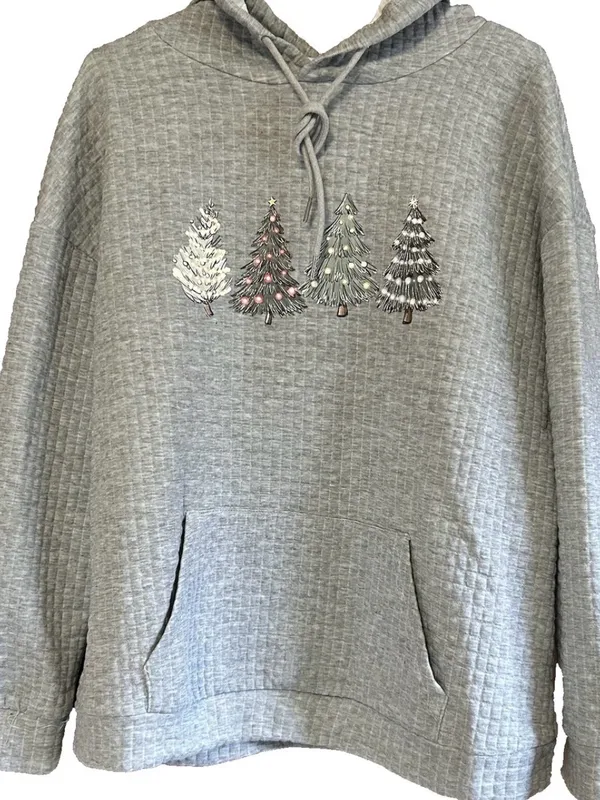 Women's XL Grey Quilted Waffle Christmas Tree Hoodie Holiday Pullover Sweatshirt - Image 2