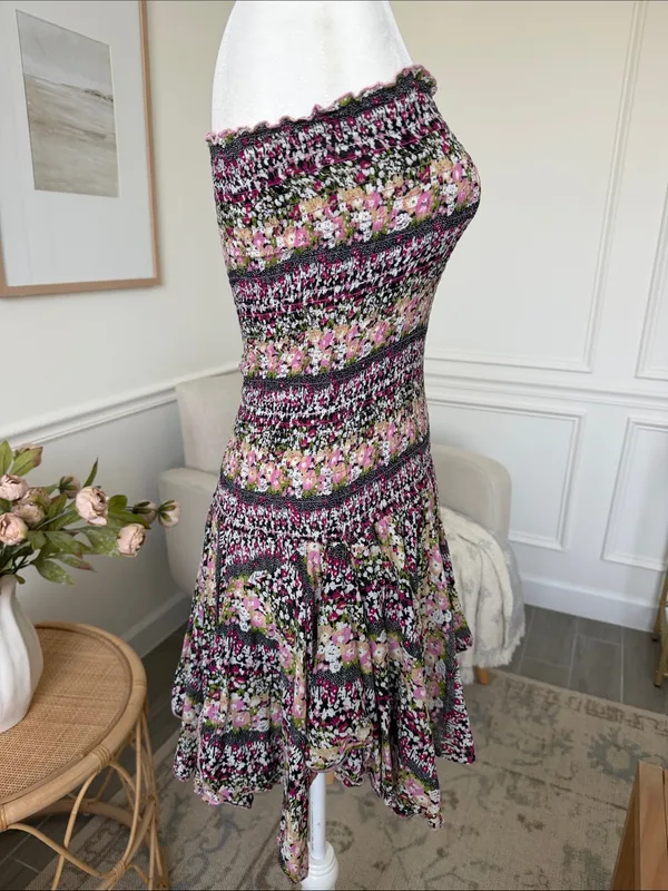 Boho Cottagecore Smocked Cotton Floral Y2K Handkerchief Hem Strapless Dress S - Image 3