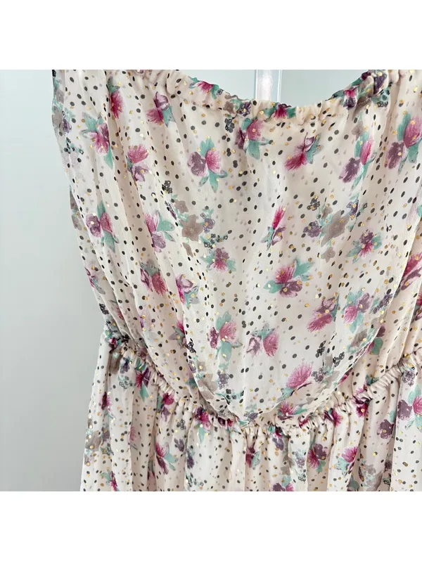 Ella Moss EUC Women's Strapless Cream Floral Gold Metallic Polka Dot Sundress S - Image 2