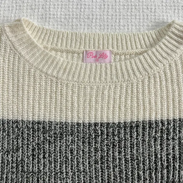Pink Lily Color Block Ribbed Sweater Womens M Balloon Sleeve Crewneck Pullover - Image 4