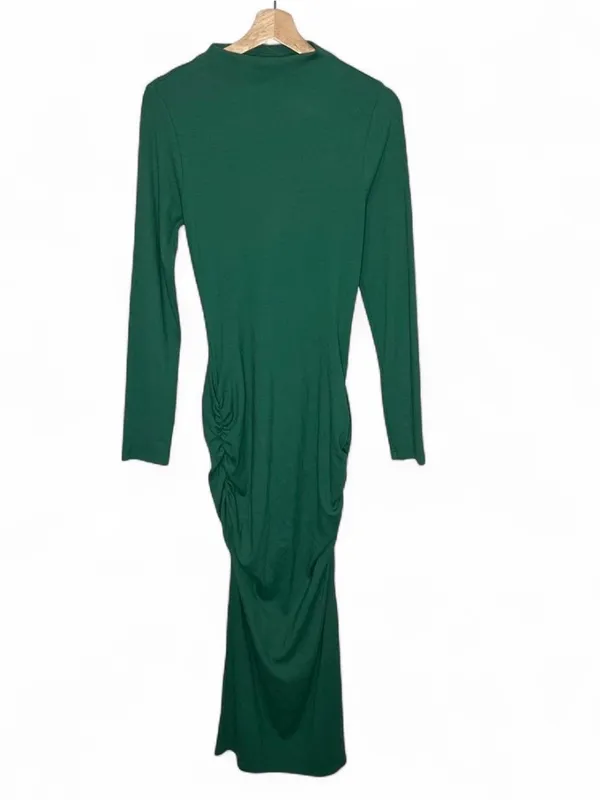 Sundry Ribbed Long Sleeve Mock Neck Ruched Midi Dress in Green - Image 2