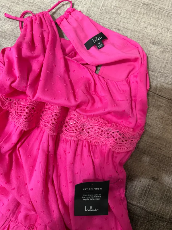 LULUS So Dainty Hot Pink Swiss Dot Halter Neck Lace Mini Dress - Image 6