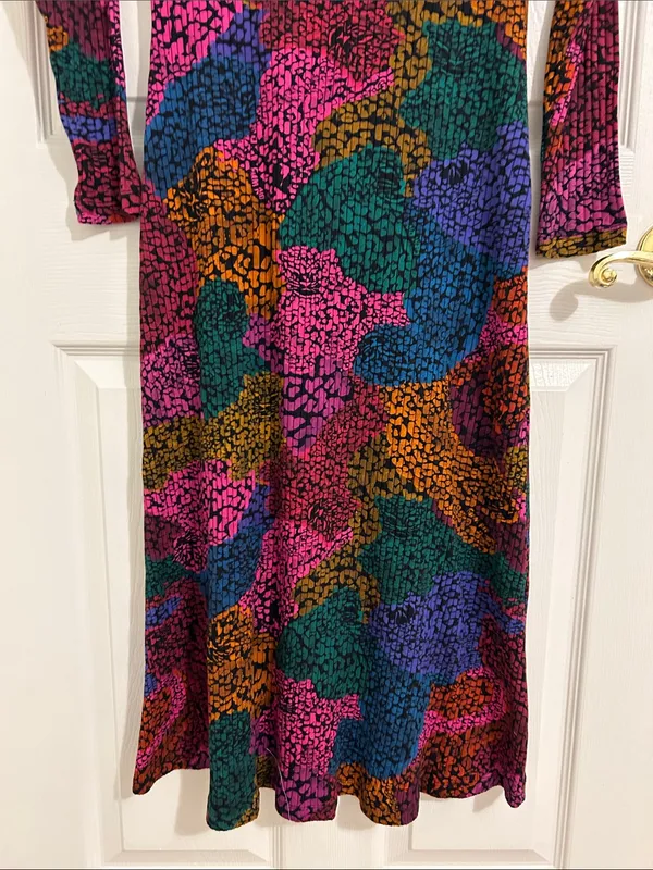 Farm Rio Rainbow Mix Jersey Dress Ribbed Knit Long Sleeve Midi New Size Medium - Image 6