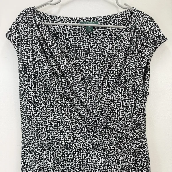 Ralph Lauren‎ Black White Sleeveless Swing Flare Faux Wrap Stretch Dress Size 16 - Image 3