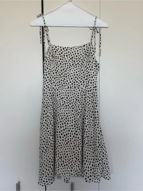 Francesca's Cream and Black Polka Dot Tie-Shoulder Sundress - Image 5