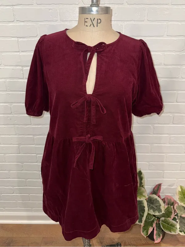 LOFT Corduroy Bow Tie-Front Mini Dress in Burgundy - Image 9
