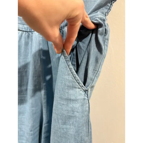 As You Wish Women Light Blue Cotton Chambray Tie Front Wide Leg Jumpsuit Medium - Image 4
