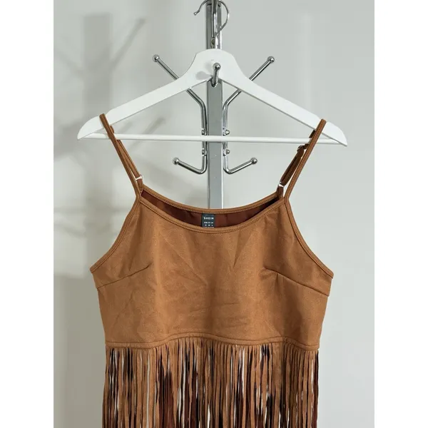 SheIn Suede Fringe Cami Crop Top Western Boho Festival Brown Women Size M NWT - Image 3