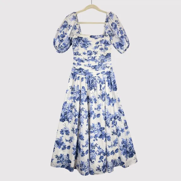 Abercrombie Fitch Midi Dress Blue Emerson Poplin Floral Puffed Pleated Boho XS - Image 2