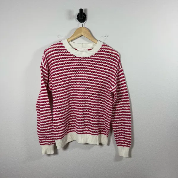 Spiritual Gangster Women’s Chunky Knit Striped Crewneck Sweater Pink/White XS - Image 7