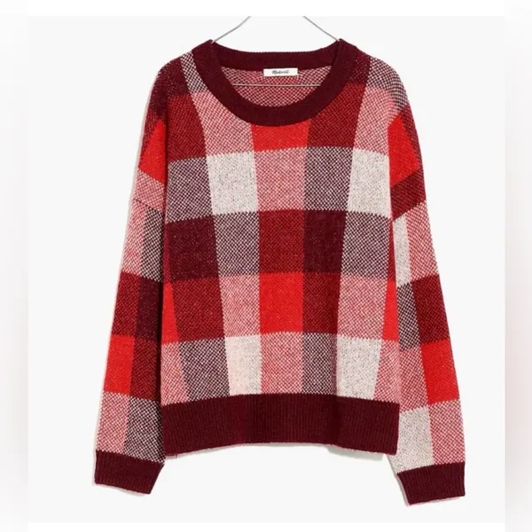 Madewell Red Checked Plaid Fenimore Pullover Sweater, size XL. - Image 2