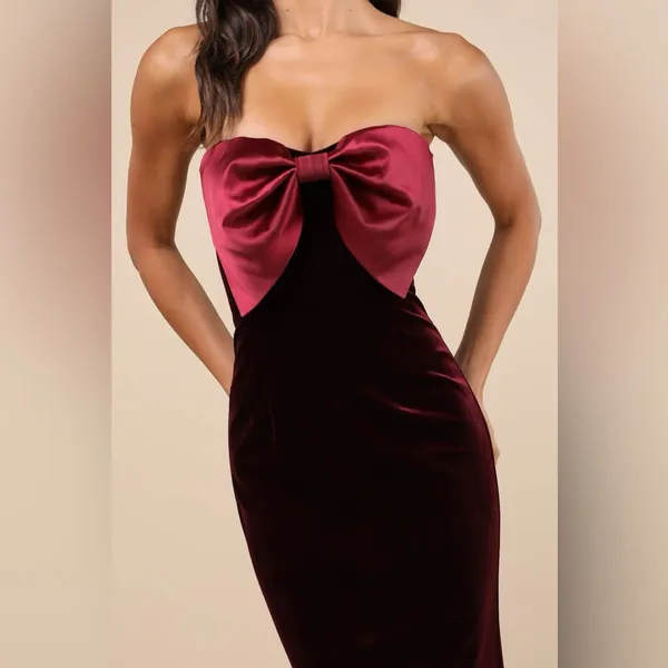 Lulus Dramatic Stunner Burgundy Velvet Bow Strapless Maxi Dress - Image 3