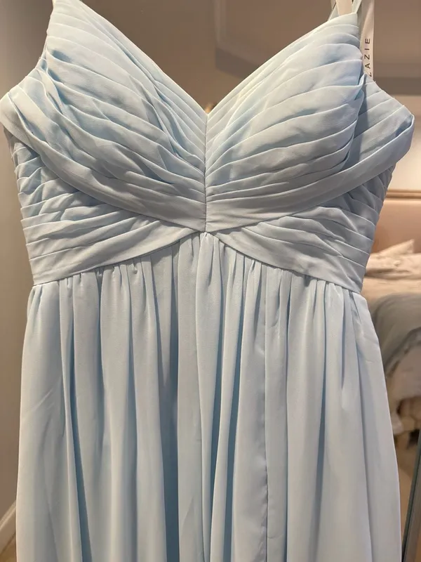 Azazie Sky Blue Chiffon V-Neck Pleated Spaghetti Strap Bridesmaid Dress Size A2 - Image 2