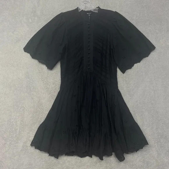 Madewell Dress Size 00 Black Eyelet Flutter‎ Sleeve Mini Cotton Sundress NU556 - Image 5
