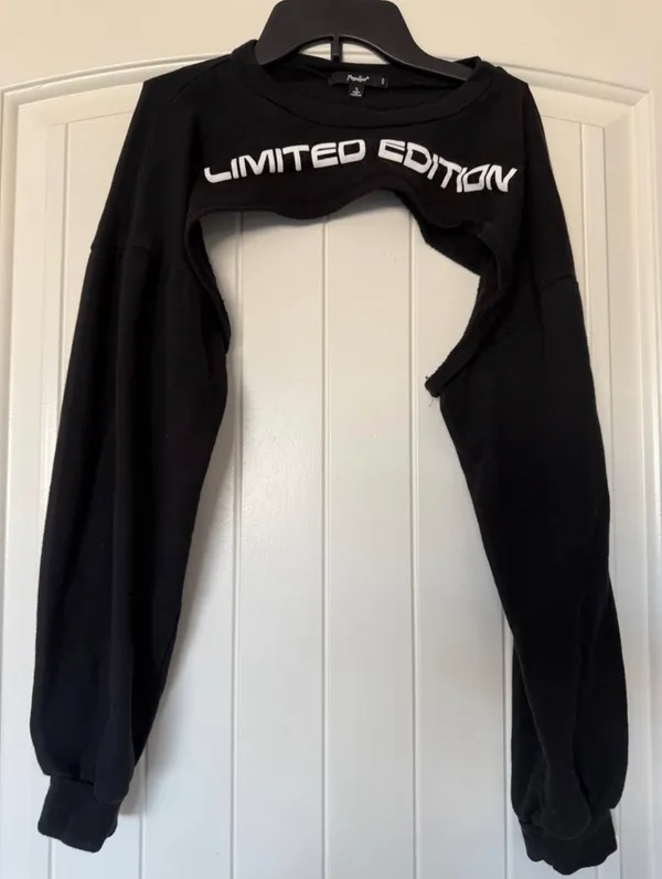 Papaya Y2K Cyber Futuristic Cut-Out Bolero Crop Sweatshirt Top Black Limited Edition Festival Streetwear Small - Image 3