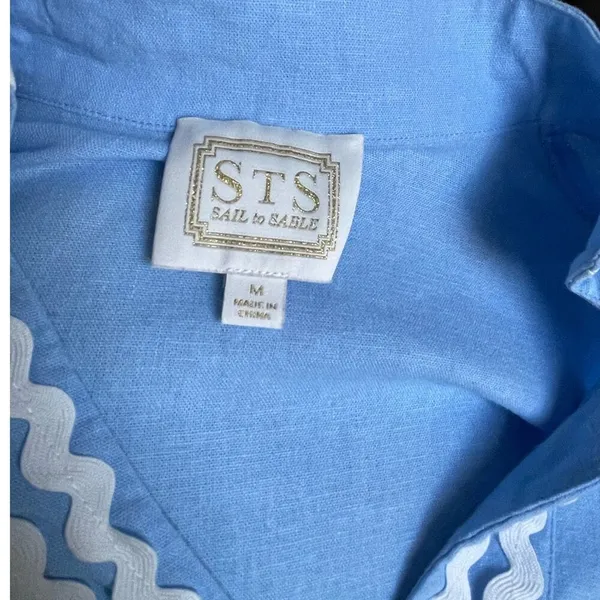 Sail to Sable Long Sleeve Linen Blend Tunic Dress Light Blue Rik Rak Trim Medium - Image 7