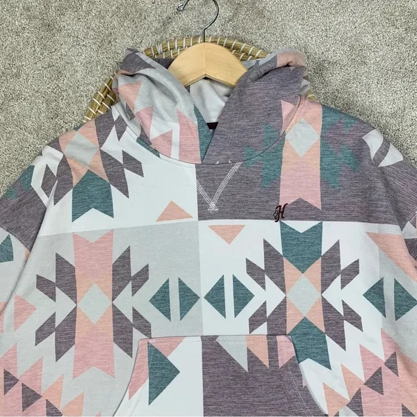 Hooey Women’s Roomy Burgundy Grey Hoodie Sweatshirt Longsleeve Aztec Print S - Image 5