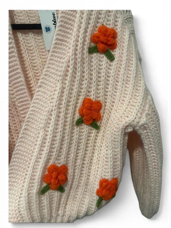Vervet S Cozy Floral Pom-Pom Cardigan in Blush Pink - Image 4