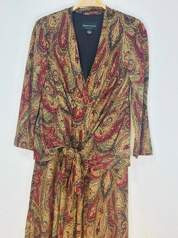 connected apparel Paisley Wrap Midi Dress in Olive and Burgundy - Image 4