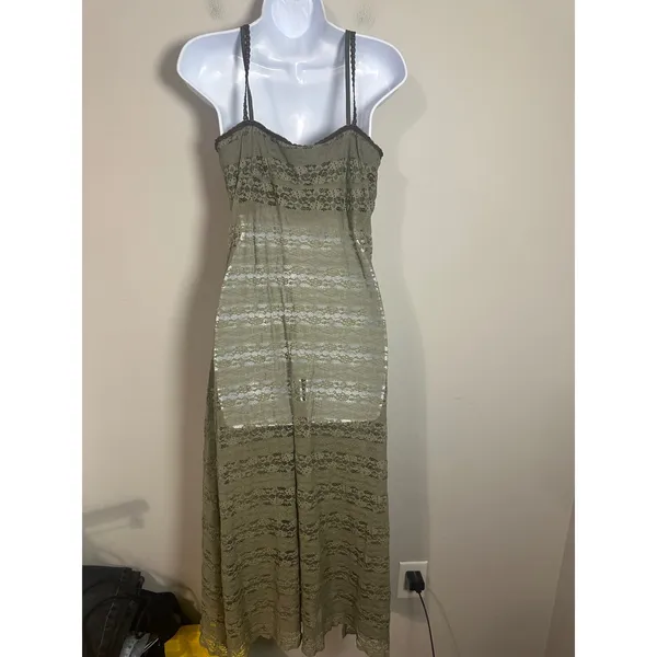 Pinkyotto New York Olive Green Sheer Floral Lace Button Front Midi Dress Small - Image 5
