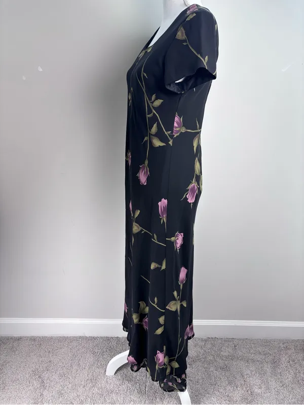Jessica Howard Black Pink Rose Floral Short Sleeve Maxi Gown Dress Vintage - Image 6