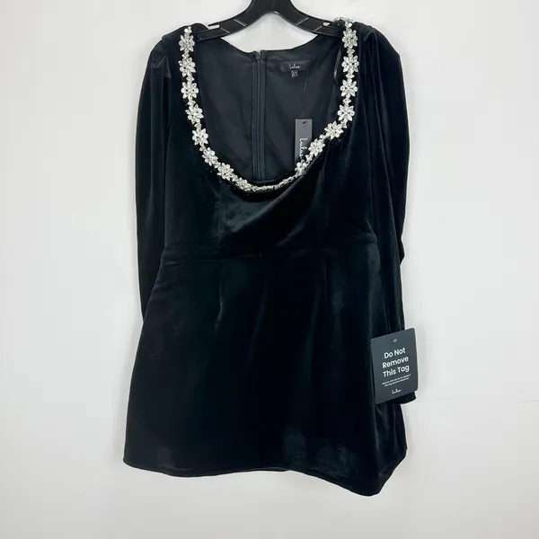 Lulus Ioanna Black Velvet Rhinestone Long Sleeve Mini Dress Party XL FLAW NWT - Image 6