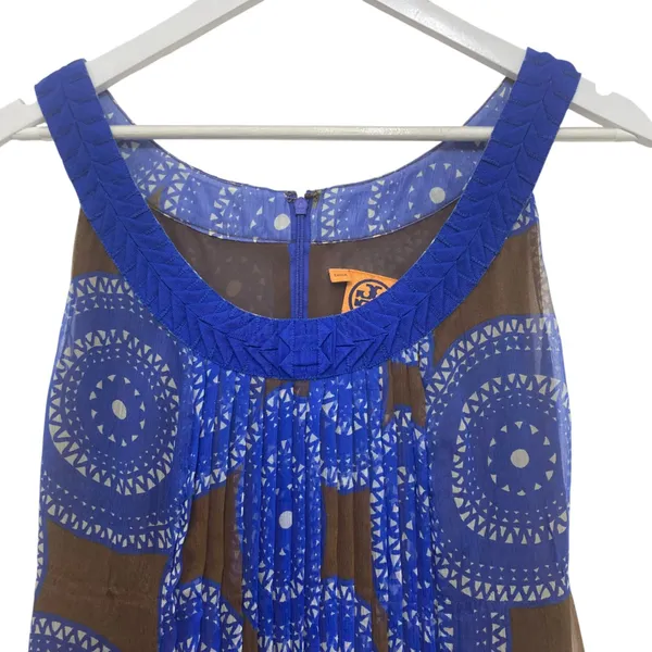 Tory Burch Forisa Silk Dress 4 Blue Brown Geometric Braided Neck Flaw Read - Image 4