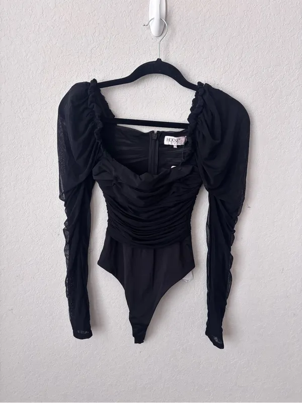House of CB Black Ruched Mesh Puff-Sleeve Square Neck Bodysuit Size XS - Image 5
